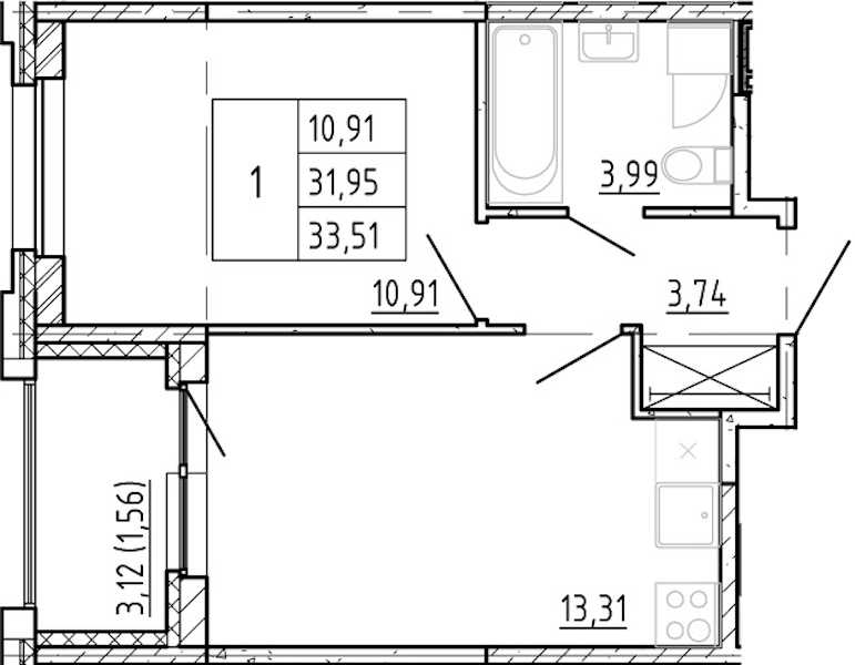 1-комнатная квартира 31.95 м², 3/12 эт., ЖК «Полис Новоселье»